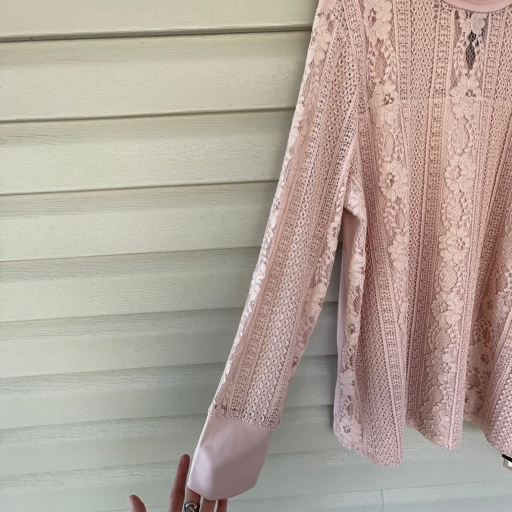 Halogen Pink Smoke Floral Lace Mock Neck Top